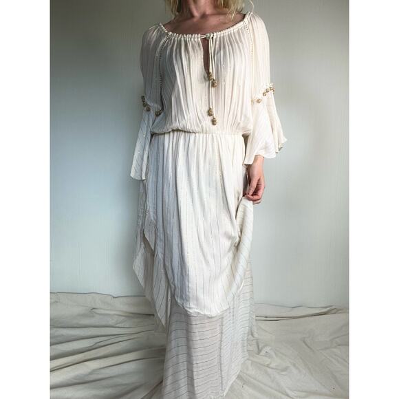 SAYLOR Grecian Goddess Ivory Gauze Off Shoulder Bell Sleeve Maxi Dress US SMALL - Picture 2 of 16